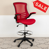 Flash Furniture BL-X-5M-D-RED-GG Mid-Back Red Mesh Ergonomic Drafting Chair with Adjustable Foot Ring and Flip-Up Arms